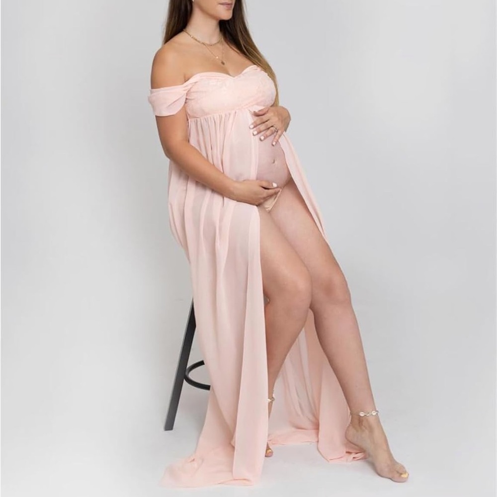 Peach Pink Off Shoulder Chiffon Maternity Gown Dress S Small - Picture 5 of 10
